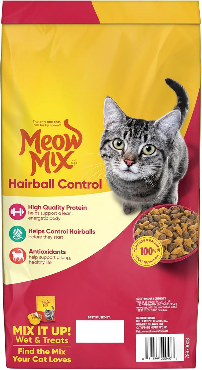 Meow Mix Adult Cat Hairball Control Dry Food, 6.3 lb Bag, Chicken, Turkey, Salmon, Ocean Fish