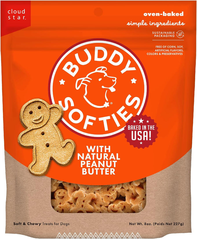 Buddy Softies 8 oz Bag of Soft & Chewy Dog Treats, Peanut Butter Flavor, Made in USA with Whole Grain Ingredients