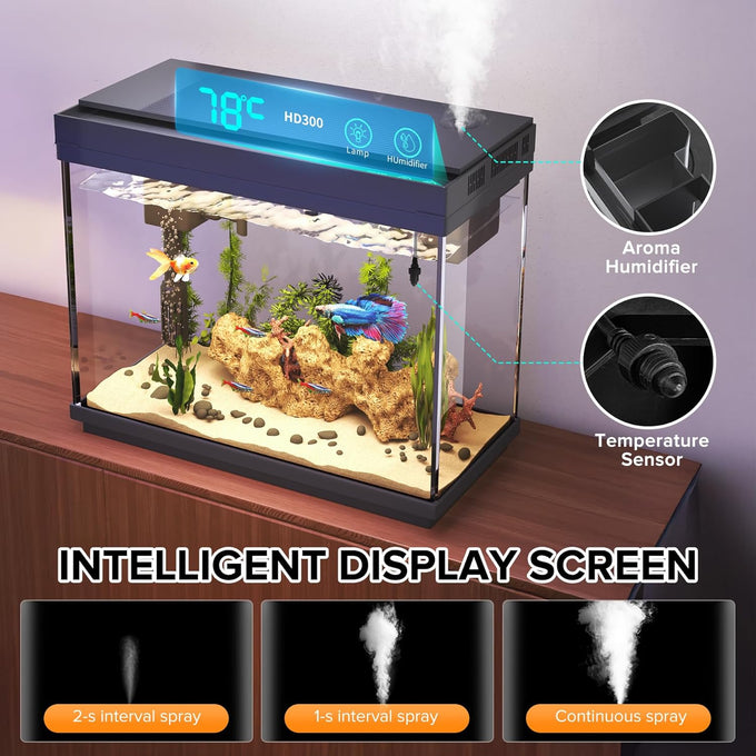 Vehipa 2.4 Gallon Fish Aquarium Starter Kit with Smart Humidifier and Temperature Display