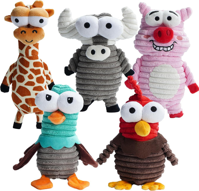 Nocciola 5-pack squeaky dog toys, durable stuffed critter zoo dog toys for small, medium, and large dogs