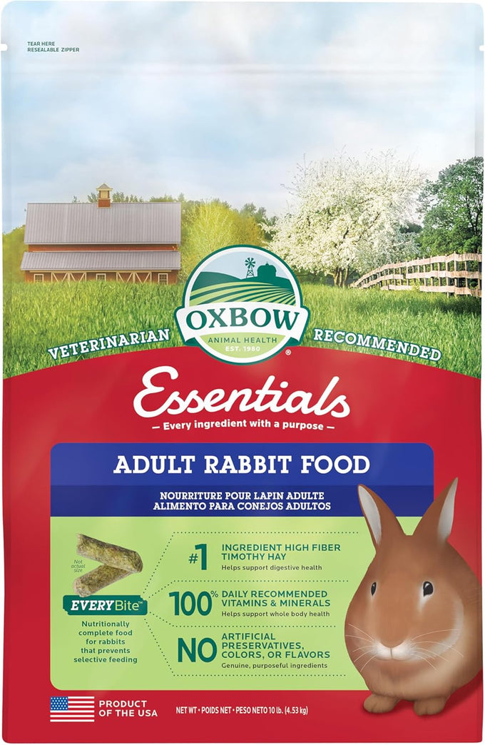 oxbow essentials rabbit food, adult, timothy hay, pet pellets, vitamins, minerals, high fiber, 10 lb bag, usa made