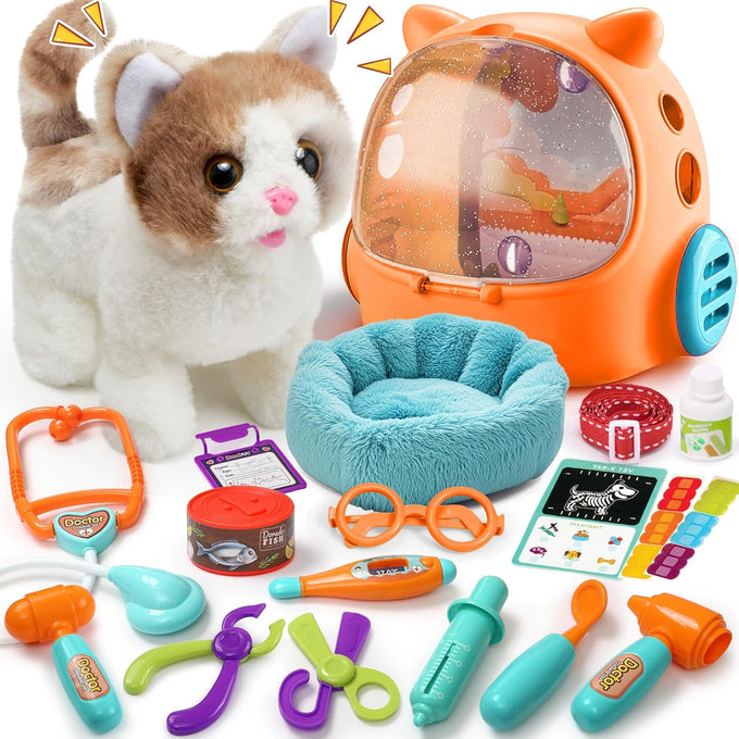 TUZT 17PCS Interactive Electric Cat Veterinarian Playset for Kids Birthday Gifts