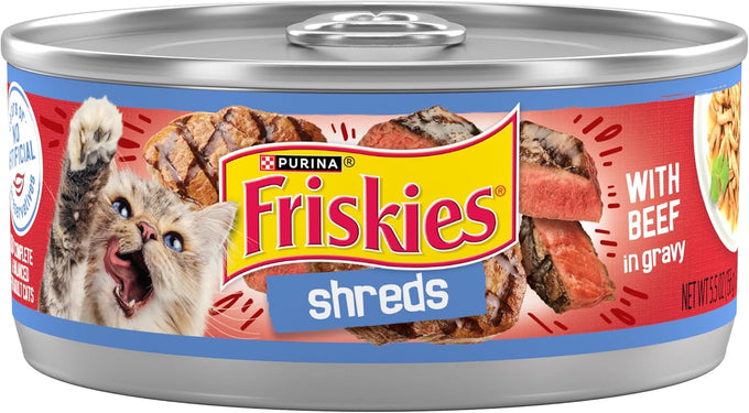 Purina Friskies Shreds with Beef in Gravy, 5.5 oz. Cans, Pack of 24, Adult Cat Food with Real Beef and Vitamins