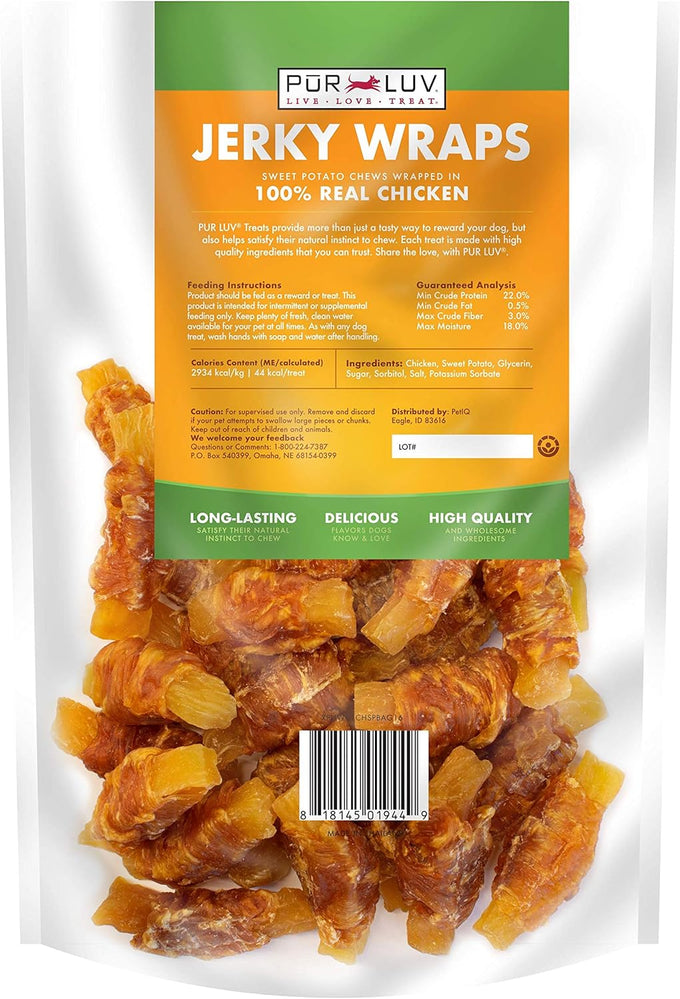 Pur Luv rawhide-free chicken jerky wrapped sweet potato dog treats, 16 oz, high protein, healthy, easily digestible