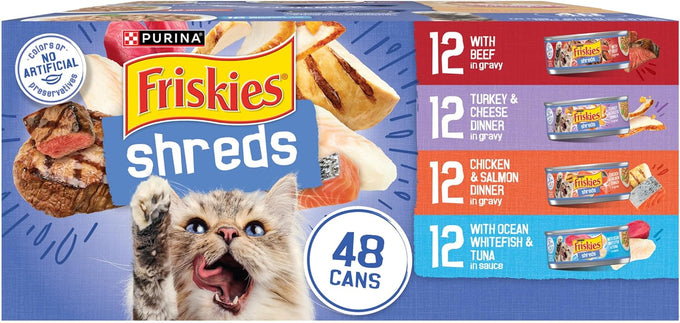Purina Friskies 48-ct wet cat food variety pack with beef, turkey, cheese, chicken, salmon, ocean whitefish and tuna shreds