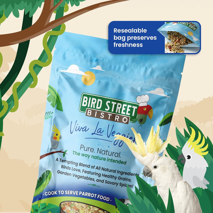 Bird Street Bistro parrot food with natural grains, legumes, and non-gmo fruits for parakeets and cockatiels