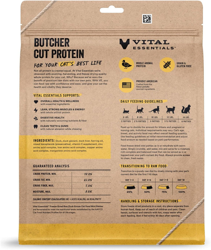 vital essentials freeze dried raw duck cat food mini patties 15 oz bag high protein grain free dry
