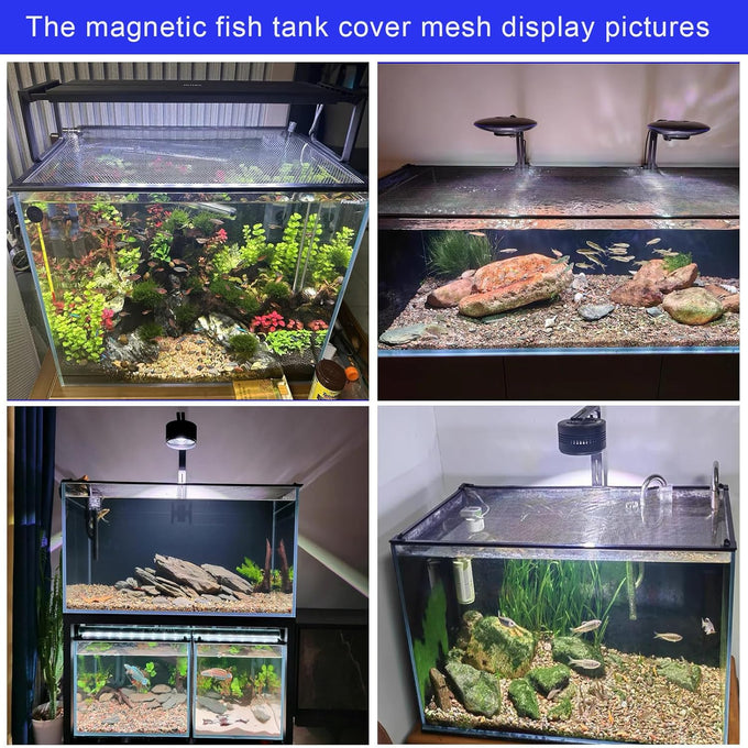 Magnetic aquarium cover mesh for curved fish tanks up to 13.12 feet long, fish-safe and adjustable