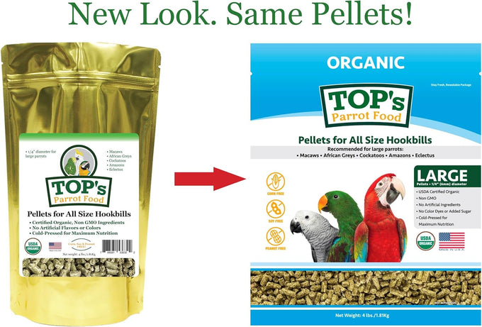 TOP's non-GMO, USDA organic parrot food pellets for large and medium parrots, 4 lb, 1.81 kg