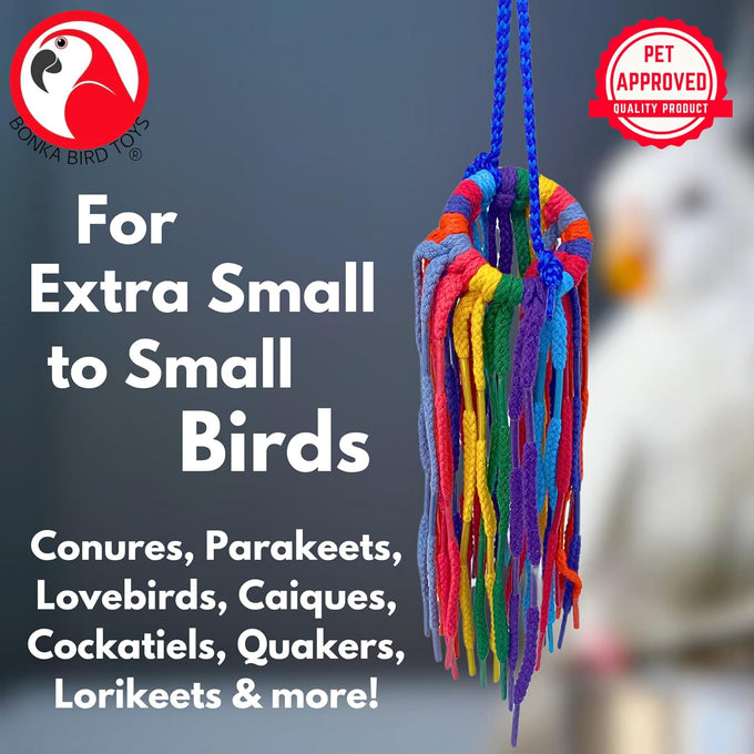 Bonka Bird Toys 51214 Small Aglet Heaven Cotton Shoelace Toy for Parakeets Cockatiels Quakers Pionus Bird Enrichment