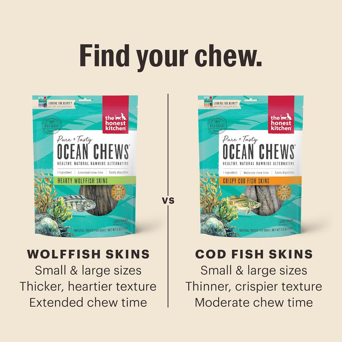 The Honest Kitchen human grade 100% cod fish skins dog treats, grain-free, crispy chews, 5.5 ounces