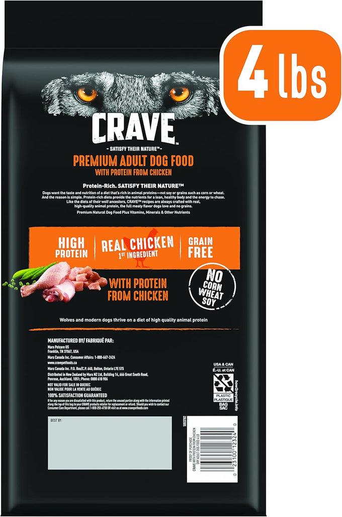CRAVE grain free high protein adult dry dog food, chicken, 4 lb bag, 34% protein