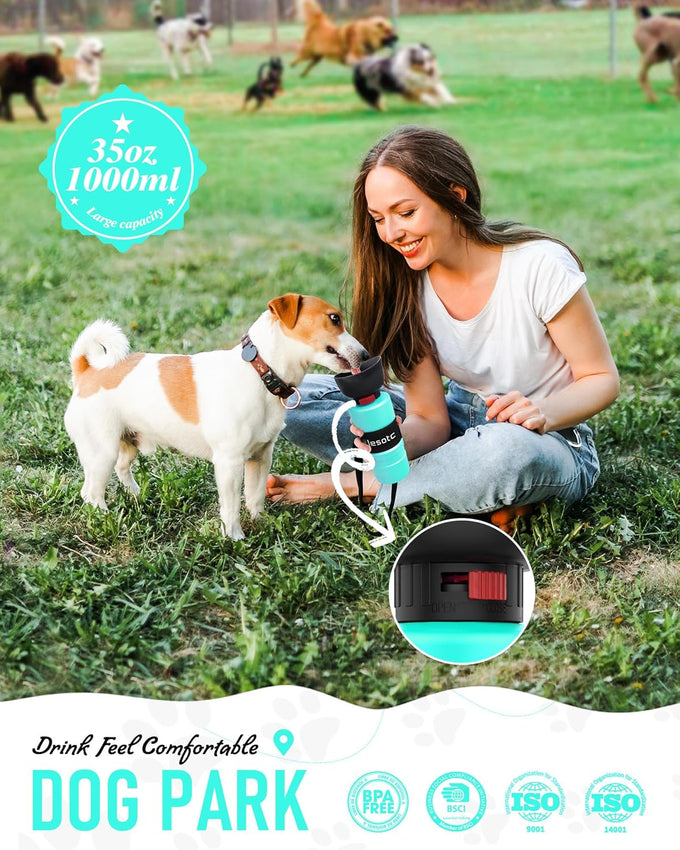 lesotc 35oz portable dog water bottle with leak-proof travel water bowl and squeeze bottle for outdoor walking and hiking