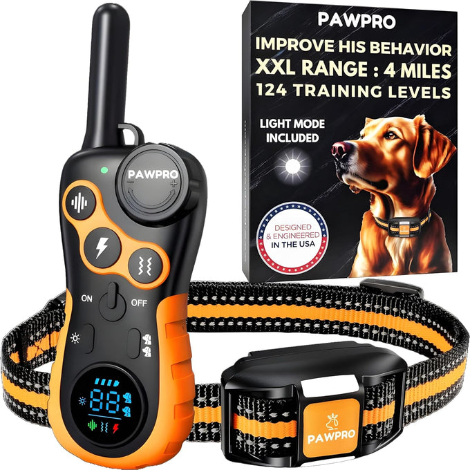 pawpro dog shock collar with remote, 4-mile range, night-light mode, 124 training levels, beeps, vibrations, waterproof rechargeable