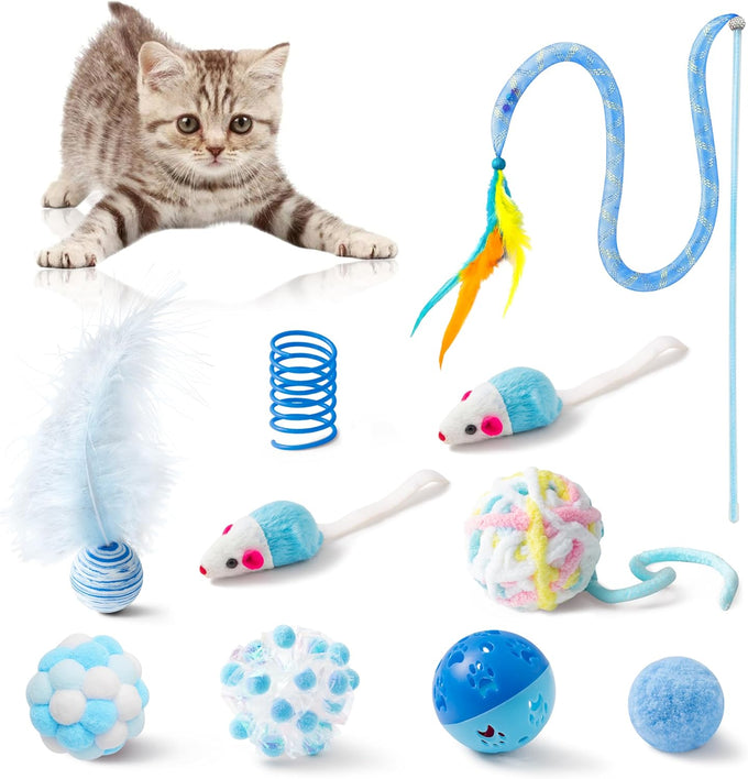 mallmall6 10pcs cat toy set interactive cat toys pack feather teaser wand cat springs mice crinkle balls pink