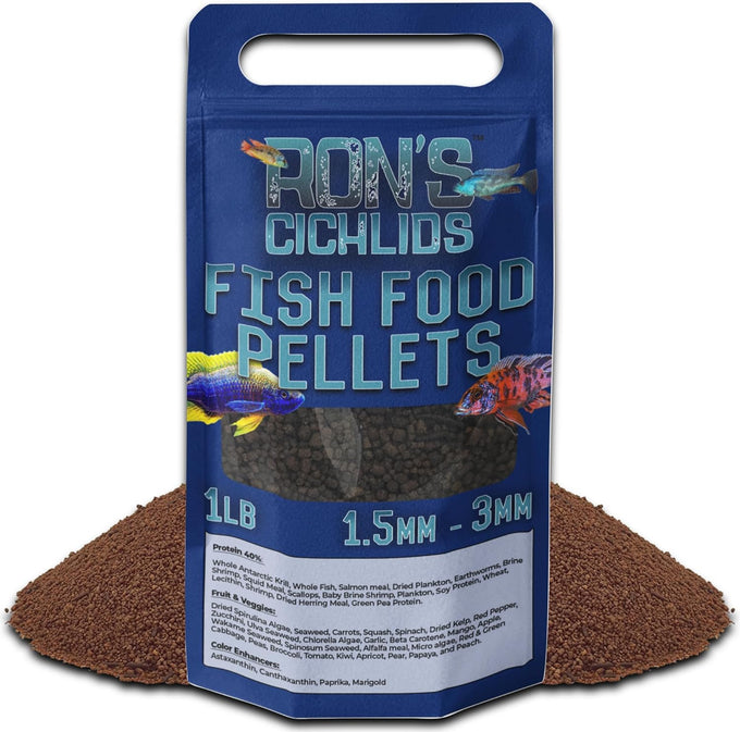 Ron's Mbuna Blend African Cichlid Fish Food, premium tropical fish food pellets for vibrant coloration and robust growth, 8 oz