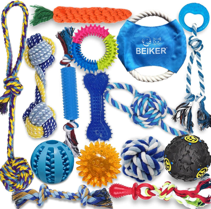 beiker dog teething chew toys - 15 pack small medium breed puppy toy variety dogs rope chew toys bundle for boredom relief