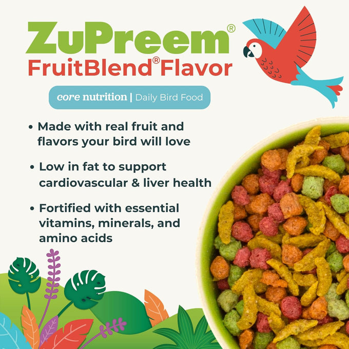 ZuPreem FruitBlend Bird Food for Cockatiels, Quakers, Small Conures, Lovebirds, Lorikeets, Core Nutrition with Natural Fruit, 2 lb Bag, Medium Pellet Size