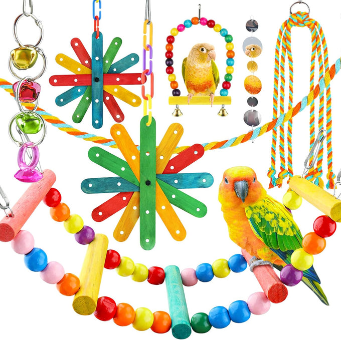 quozo 8pcs bird toys for parakeets colorful ladder hammock bird cage accessories parrot
