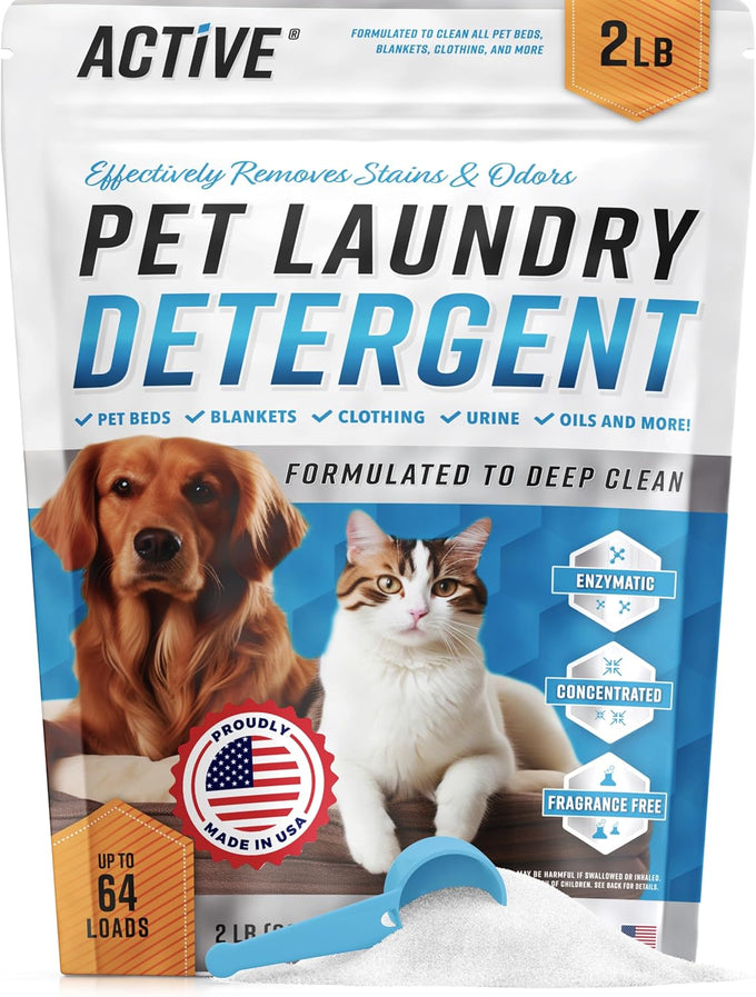 pet laundry detergent odor remover - active enzyme based powder for dogs beds, cat pee, and urine stains - 64 loads