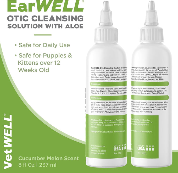 VetWELL cucumber melon ear cleaner for dogs and cats 8 oz otic rinse for infections and odor control