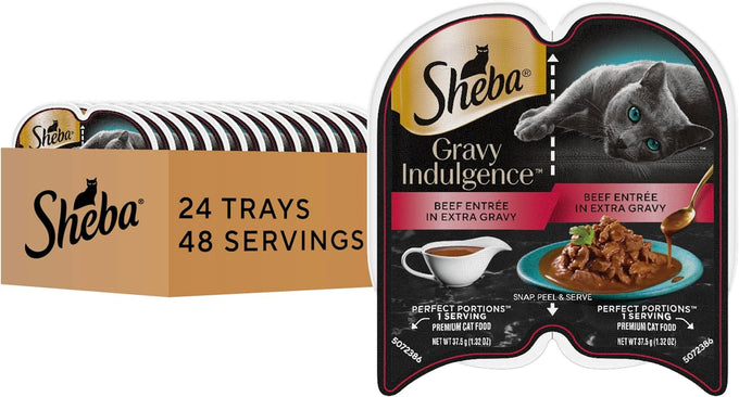 Sheba Gravy Indulgence Adult Wet Cat Food, 2.6 oz Twin-Pack Trays, 48 Servings, Beef Entree