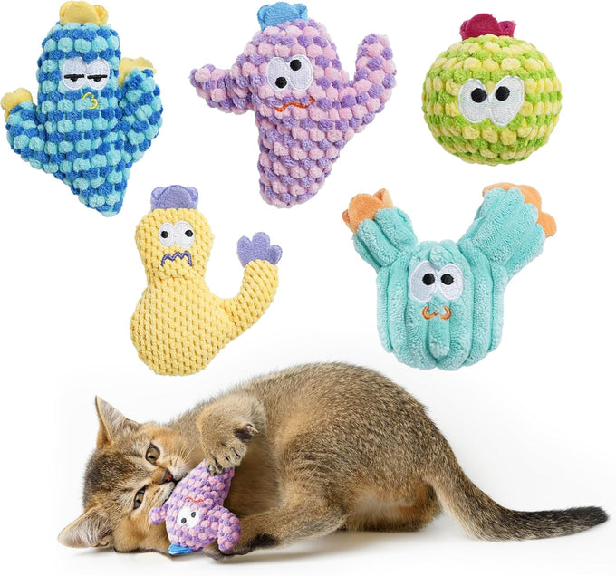 Pawsible 5-Pack Organic Catnip-Filled Cactus Cat Toys for Indoor Cats, Anxiety Relief, Teething & Chew Toys