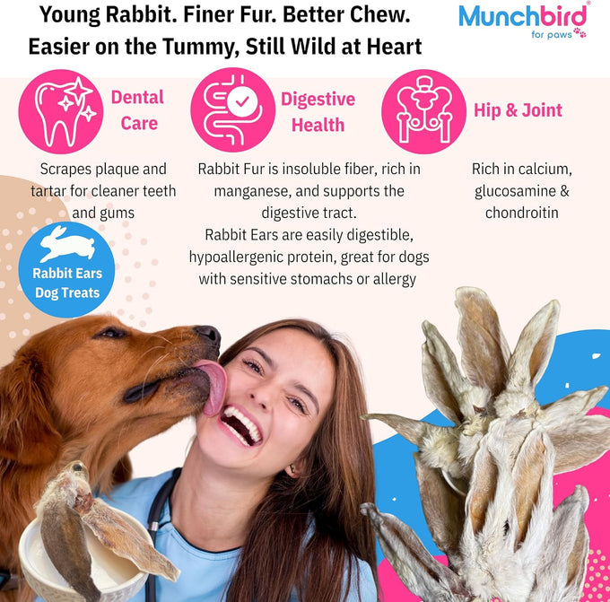 Munchbird Dehydrated Rabbit Ears 100g for Dogs, Natural Fiber, Rawhide Free, European Rabbit Association, France