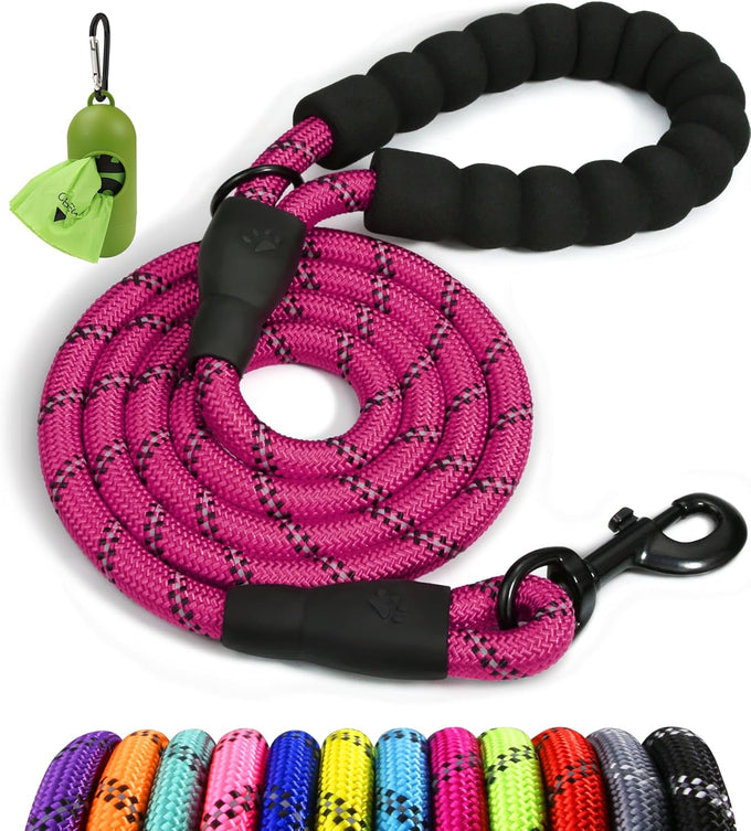 Taglory 6 ft rope dog leash with padded handle and reflective threads for medium large dogs, 1/2 inch, black