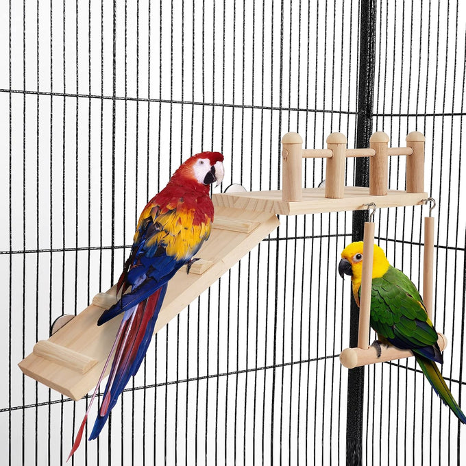 Wooden bird perches platform swing for small birds with climbing ladder, parakeet cage accessories