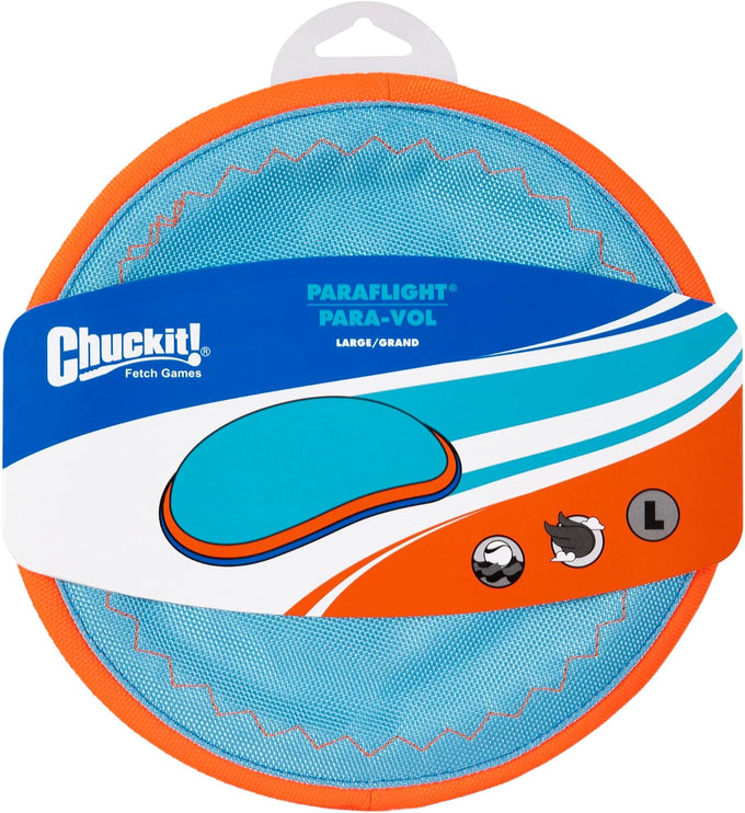chuckit paraflight flying disc dog toy durable nylon water floating flyer for medium large dogs size large