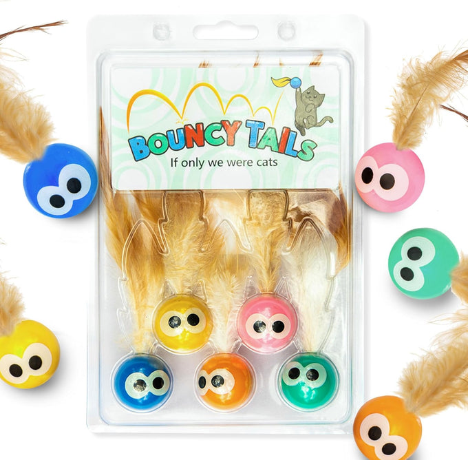 Bouncy Tails 5 Pack Natural Feather Bouncy Ball for Indoor Cats and Kittens Play Toy Set