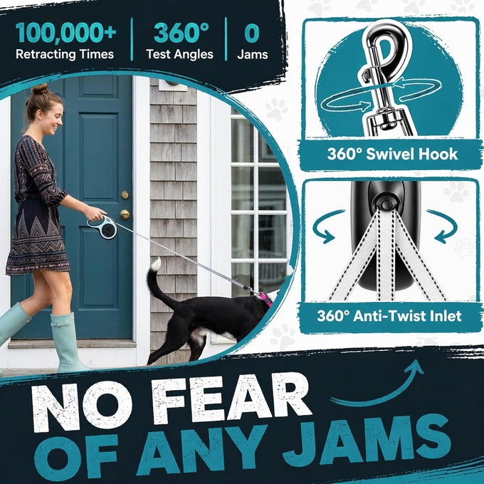 Retractable dog leash for 2 dogs with 360° swivel hook, one-button lock and ergonomic handle