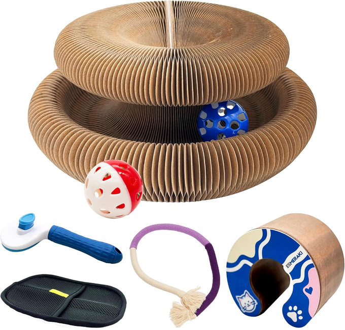 flexible cat scratcher bundle with built-in ball track - corrugated cardboard, magnetic design, foldable space saving for indoor cats
