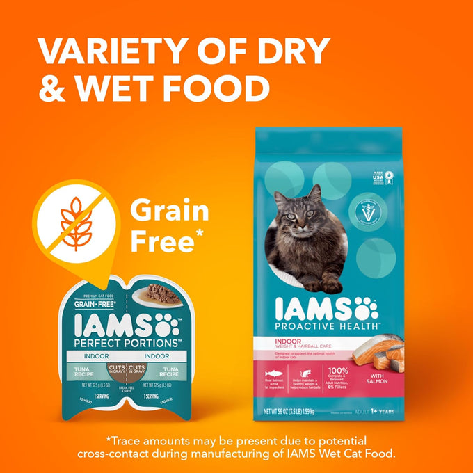 IAMS Perfect Portions Grain Free Wet Cat Food, Indoor Adult Cat Food Wet Cuts in Gravy, Variety Pack: Tuna & Salmon Recipe, 1.98 lb. (Pack of 1) Twin-Pack Trays