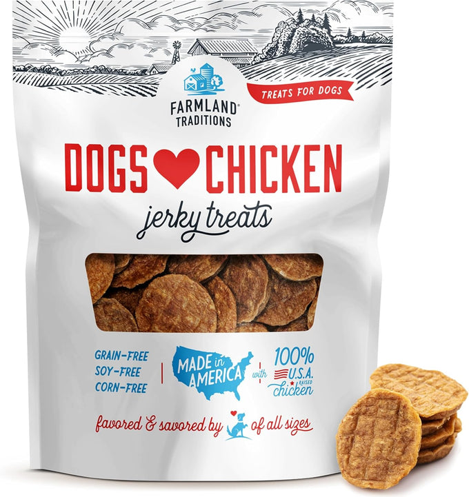 Farmland Traditions premium USA-raised chicken jerky dog treats, human-grade, no antibiotics, 1 pound bag