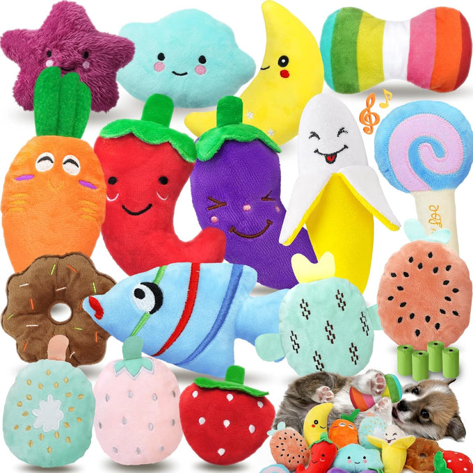 Cheerful 20-Pack Squeaky Plush Dog Toys Set with Dog Bags for Small Dogs, Fun&Teeth Cleaning