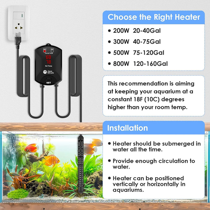 AquaMiracle 500W aquarium heater for 75-120 gallon tanks with dry-run protection and memory function