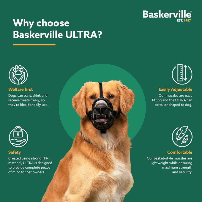 Baskerville Ultra Muzzle, Patented Humane Design, Breathable, Adjustable, Padded, Dog Training Muzzle for Large Dogs, Black, Size 5