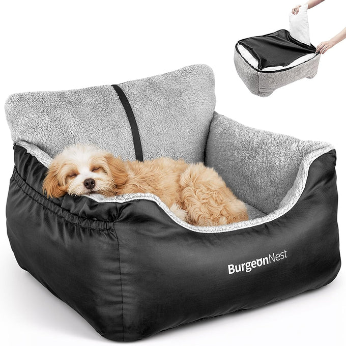 BurgeonNest dog car seat for small dogs, under 25 lbs, black, soft pet car travel home bed with storage