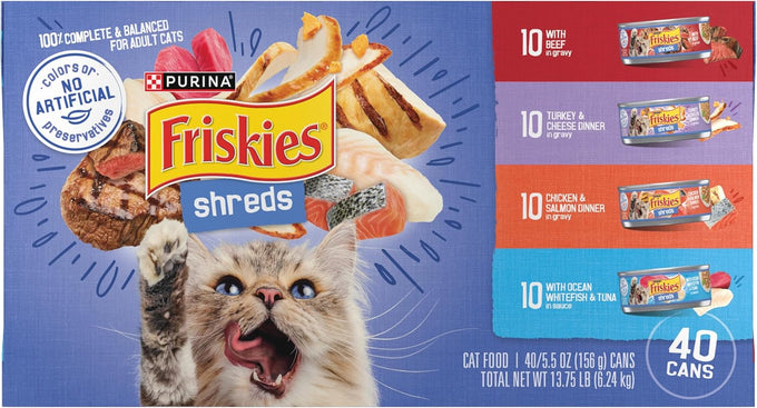 Purina Friskies Wet Cat Food Variety Pack, 40-count, 5.5 oz. Cans, Beef, Turkey, Cheese, Chicken, Salmon, Ocean Whitefish, and Tuna