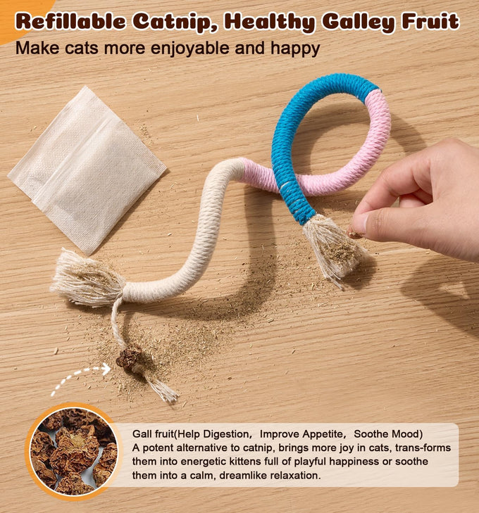 Cat Chew Ropes 4Pcs for Indoor Cats with Refillable Natural Catnip and Soft Cotton Rope Design