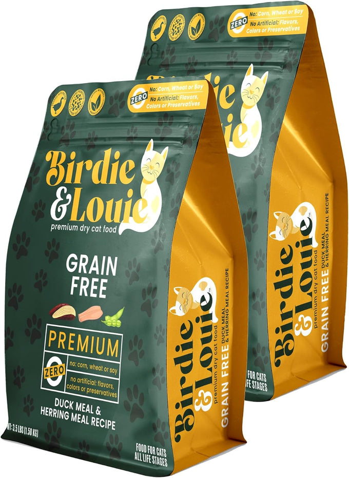 Birdie and Louie Dry Cat Food Duck Meal & Herring Meal Recipe, Grain-Free, Made in USA, 3.5 Lb Easy Seal Bag