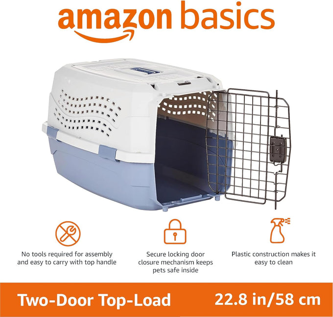 Amazon Basics sturdy gray and blue pet travel carrier for dogs and cats, 22.8"L x 15"W x 13"H