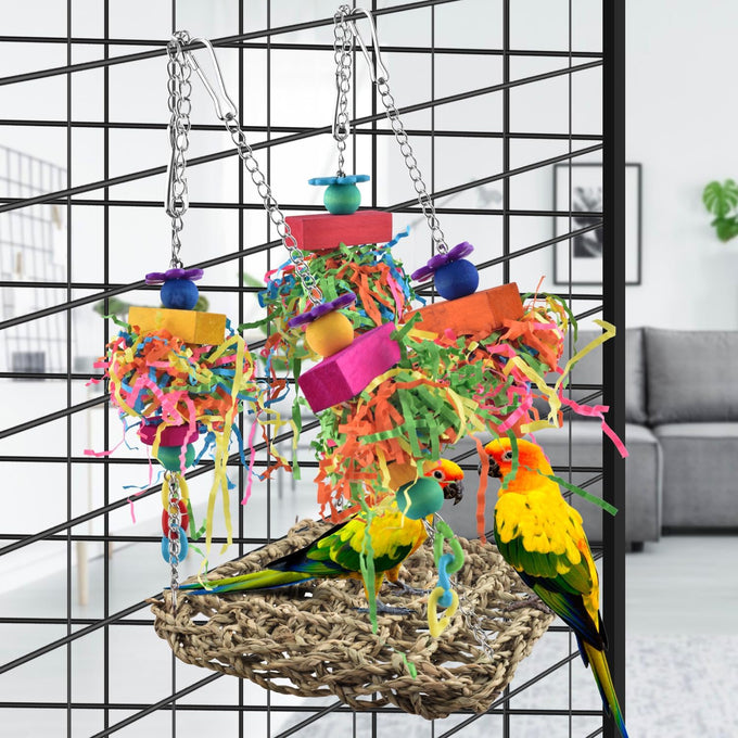 katumo seagrass bird swing mat with stainless chains and colorful toys for small parrots