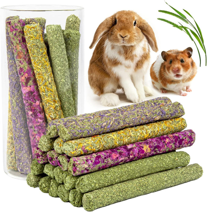 Sofier Timothy Hay Sticks 32PCS Natural Handmade Treats for Rabbit Guinea Pig Hamster Chinchilla Toy Set