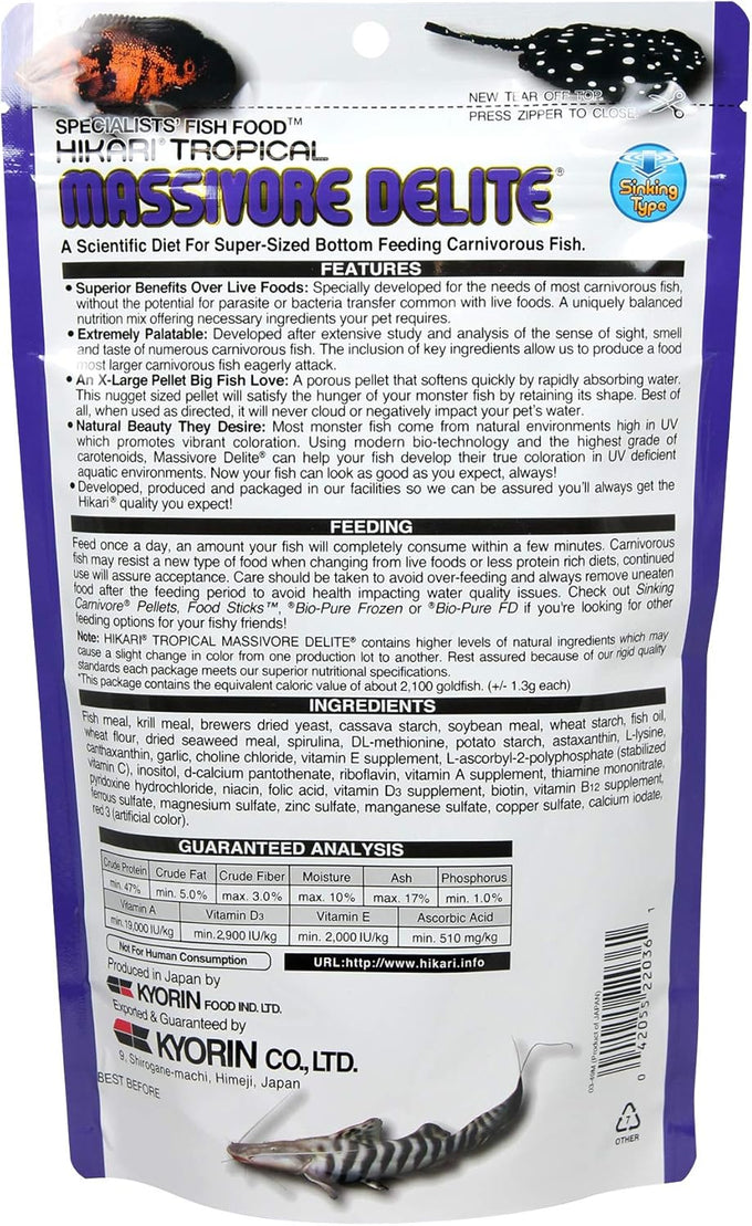 Hikari Tropical Massivore Delite Fish Food, 13.4 oz (380g) for Large Carnivorous Fish with Balanced Nutrition