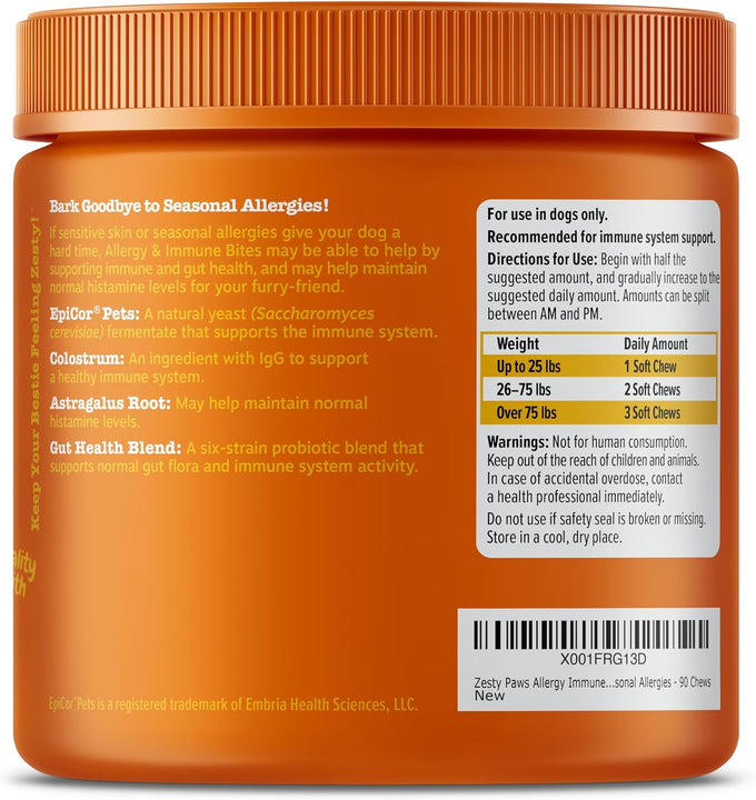 Zesty Paws Lamb Allergy Immune Bites, Dog Probiotics Chews for Itchy Skin and Ears, 90 Count