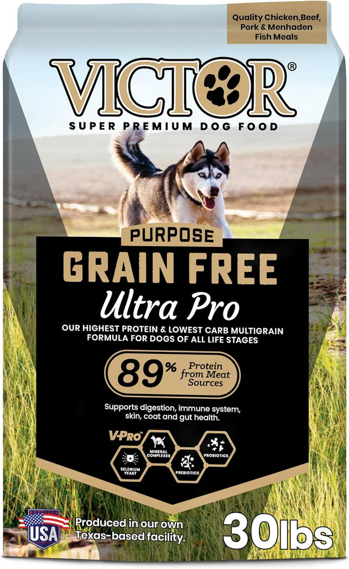 VICTOR Super Premium Dog Food – Grain Free Ultra Pro Kibble – High Protein, Low Carb for Active Dogs – 42% Protein Kibble for Sporting Dogs of All Breeds & Sizes, 30 lb