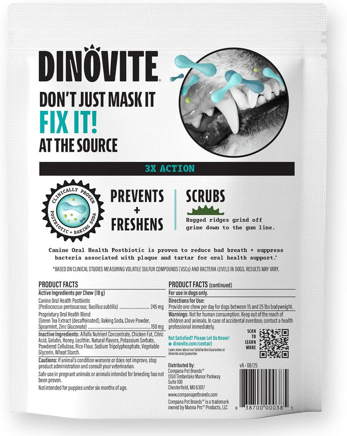 Dinovite Triple Action Dental Chews for Small Breeds, Clinically Proven to Prevent Plaque & Tartar, Fresh Mint Flavor, 30 Count, Made in USA